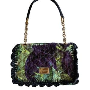 Dolce & Gabbana Quilted Floral Shoulder Bag with Crochet Detail Purple Green